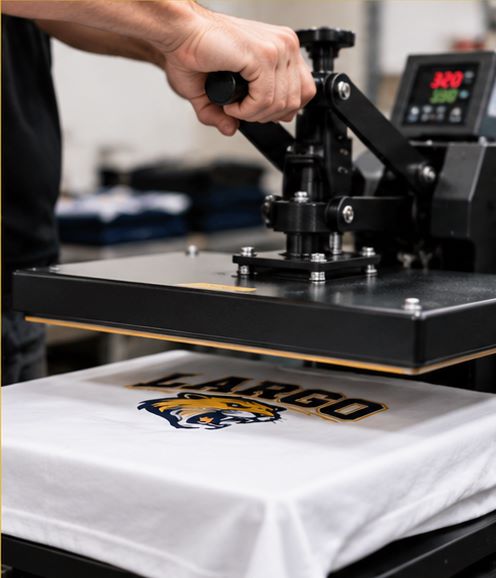 Closing a heat press on a shirt in Largo